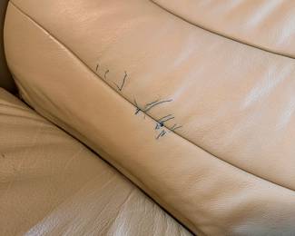 C5 - $300. Fjords Leather Reclining Loveseat. *HAS CAT DAMAGE* Measures 54" x 30" x 40" tall. No holes or rips but significant scratches on the arms and back - see photos! If you have cats and this is going to happen anyways this is a great price for a high quality leather couch!