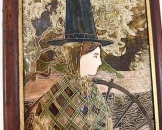 C110 - $35. Framed Majolica Tile with Lady. Measures 9.25" x 17.25" framed.