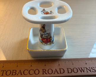 C109 - $25. Reutter Porzellan porcelain bathroom set features classic Beatrix Potter Peter Rabbit illustrations with gold trim
