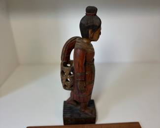 C74 - $30. Thai Hill Tribe Hand Carved Folk Art Woman With Basket. Measures 3" W x 12.25" Tall