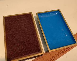C64 - $75. Chinese Cinnabar Lacquered Box with Blue Enamel Interior. Measures 5.75" x 3.75" x 2.25" tall.