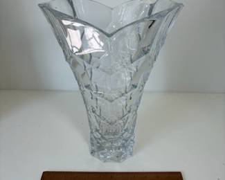 C91 - $25. Large, Heavy Shannon Clear Lead Crystal Flower Vase. Measures 14" tall.