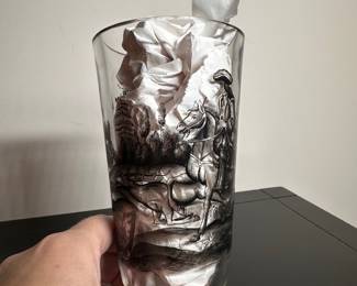 C27 - $80. Bohemian Glass Pokal Schwarzlot. Single glass with hunting scene. There is a bubble near the top rim - not a chip, defect in the handblown glass.