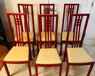 C125 - $200. Set of 6 Red Lacquered Chairs. Leather seats - would be very easy to recover. Very good vintage condition, normal wear & tear, scuffs. See photos.