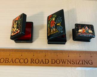 C120 - $75. 7 Piece. Russian Folk Art Hand Painted Black Lacquer Trinket Boxes.