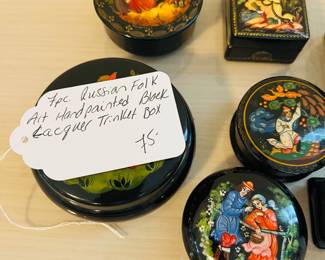 C120 - $75. 7 Piece. Russian Folk Art Hand Painted Black Lacquer Trinket Boxes.