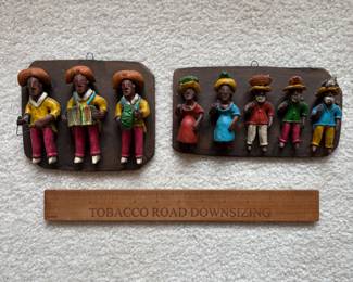 C51 - $40. Vintage Brazilian Folk Art Band Clay Wall Hanging. Signed Leonaldo. Measures 3 People- 5.75" x 4.75", 5 People 7.25" x 3.75".