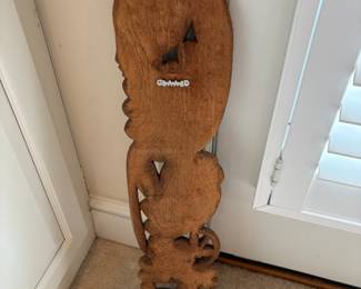 C62 - $30. African Tribal Hand Carved Wood Wall Hanging. Measures 5.5" W x 24.5 " Tall
