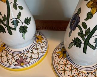 C57 - $20. Pair of Portugal Hand Painted Candle Stick Holders. Measures 9" Tall