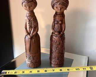 C13 - $125. PAIR of Margit Kovacs Figurines. Mid Century Terra Cotta Figurines by well known Hungarian artist, Margit Kovacs (1902-1977). Girl has chip on the back of her hat. No issues with the boy noted. Measures 10" tallest point.