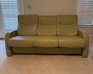 C4 - $500. Fjords Leather Reclining Sofa. *HAS CAT DAMAGE* Measures 76" x 30" x 40" tall. No holes or rips but significant scratches on the arms and back - see photos! If you have cats and this is going to happen anyways this is a great price for a high quality leather couch!
