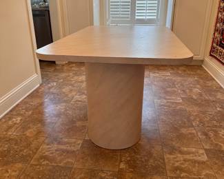 C114 - $60. Formica Laminate Dining Table. Does have some minor damage on base - see photos. Comes apart to move (2 base pieces & top) Measures 3' x 5'. Comes apart to move (2 base pieces & top) Measures 3' x 5'.