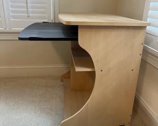 C23 - $15. Small rolling office desk with pull out keyboard tray. No issues. Measures 32.5" wide x 19.5" deep x 30.75" tall.