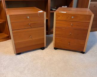 C17 - $50 Pair of office cabinets. One is a filing cabinet & one has 4 storage drawers. Each measures 19" wide x 18.75" x 23.5" tall. Filing cabinet is in very good condition. 4 drawer need new drawer pulls but all drawers work as they should.