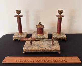 C129 - $225. 1850's 4 Piece Austrian Stone and Brass Desktop Set. Measures Letter opener 7" W x 3" Tall, Candle Holder 3" W x 7.25" Tall