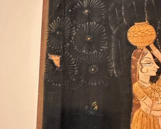C7 - $60. Framed Indian Painting on cotton or linen. Measures 42" x 18" stretched on wooden frame. Has hole on left center.
