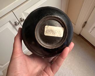 C155 - $85. Chinese Tea Caddy carved out of a coconut shell. Metal lined with lid that could also be a cup.