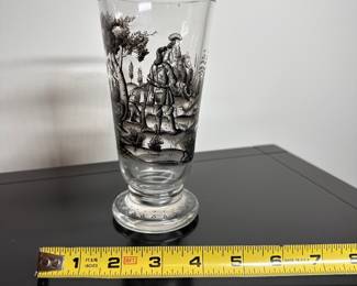 C27 - $80. Bohemian Glass Pokal Schwarzlot. Single glass with hunting scene. There is a bubble near the top rim - not a chip, defect in the handblown glass.