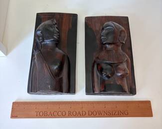 C88 - $20. Vintage African Hand Carved Wood Bookends Man and Woman. Measures 8" Tall