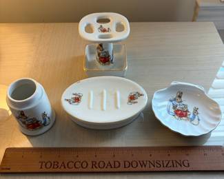 C109 - $25. Reutter Porzellan porcelain bathroom set features classic Beatrix Potter Peter Rabbit illustrations with gold trim