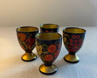 C103 - $15. Set of 4. Russian USSR Khokhloma Hand Painted Wood Shot Glasses.