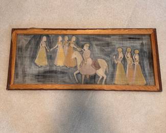 C7 - $60. Framed Indian Painting on cotton or linen. Measures 42" x 18" stretched on wooden frame. Has hole on left center.