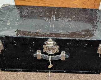 Vtg Black Steamer Trunk With Wood Interior