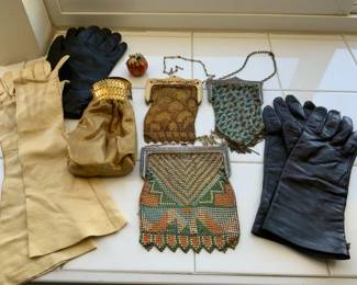 Enameled Mesh Purses, Accordion Clasp Clutch Leather Gloves