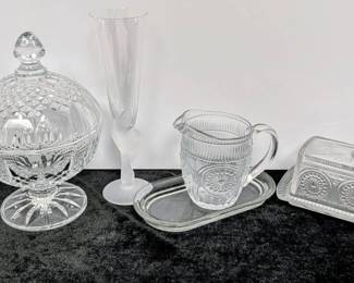 Sasaki Champagne Flutes, Crystal Lidded Candy Dish Pioneer Women Pieces