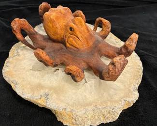 Carved Wooden Octopus On Quartz Geode Slab