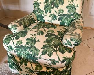 Another designer covered arm chair in green leaf pattern 