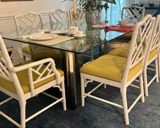 Fabulous set of 8 Chinese Chippendale dining chairs, modern  glass top dining table