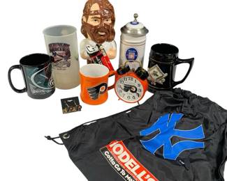 Assorted Collection 4 Mugs, 1 Stein, 1 Water Bottle, 1 Pair of Earrings, 1 Alarm Clock 1 Bag