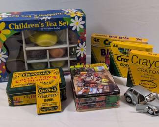 Lot of 5 Assorted Toys Collectibles Including Tea Set, Crayola Tins Toy SUV