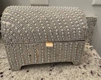 Faux Pearl and Silver Beaded Treasure Chest Jewelry Box