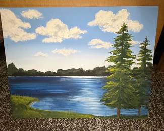 Bob Ross Style Landscape Painting of a Lake Scene