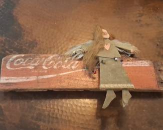 CocaCola Themed Folk Art Angel Figurine on Distressed Wood Plank