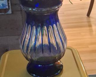 Cobalt Blue Glass Vase with Vertical Ribbing and Ruffled Rim