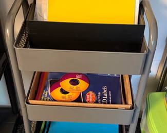 Tier Metal Rolling Cart with Office Supplies, including CD Labels