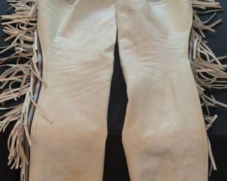 White Leather Chaps with Fringe and Zippers