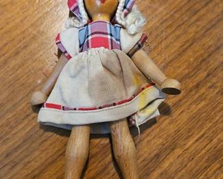 Vintage Polish Wooden Peg Doll with Plaid Outfit