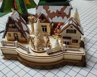 Wooden LaserCut Christmas Village Scene with Skier and Lantern