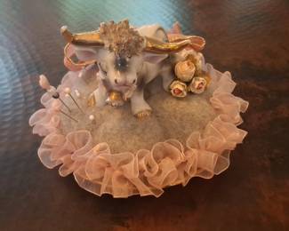 Vintage Walker Hagen Renaker Pink Porcelain Bull Pincushion