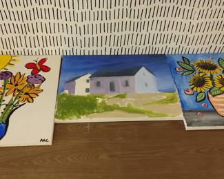 Set of Three Naive Style Paintings including Sunflowers and Floral Bouquet