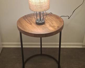 Rustic Wood and Metal Accent Table with Drum Shade Lamp