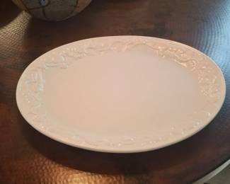 White Ceramic Oval Platter with Embossed Fruit and Vine Border