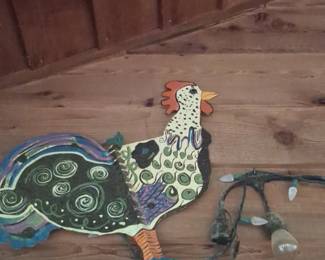 HandPainted Wooden Rooster with Christmas Lights
