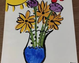Childrens Style Floral Painting with Sun and Butterfly