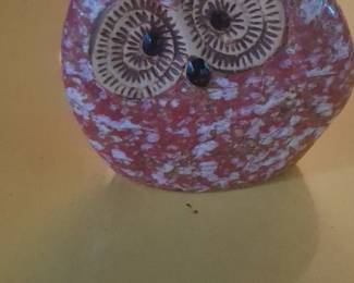 Handmade Ceramic Owl Figurine with Mottled Red and White Glaze