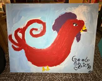 Folk Art Painting of a Red Chicken